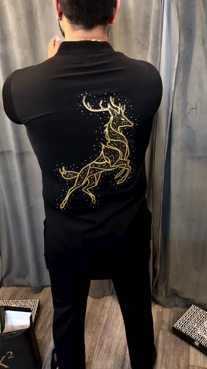 Black Designer Shirt with Gold Stag Embroidery – Luxury Statement Wear for Men