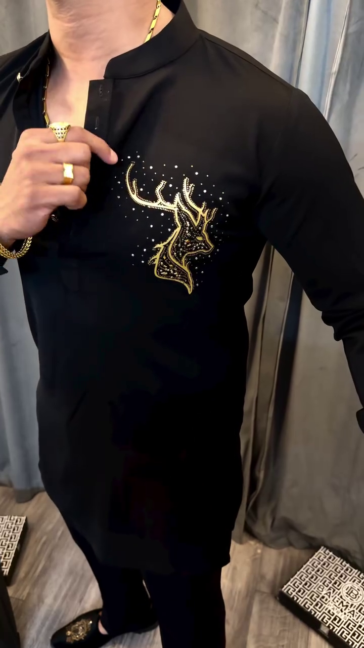 Black Designer Shirt with Gold Stag Embroidery – Luxury Statement Wear for Men