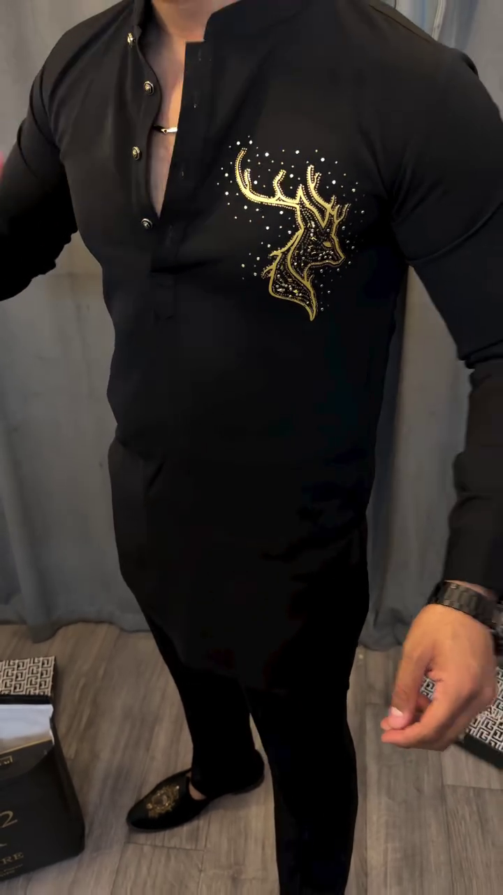Black Designer Shirt with Gold Stag Embroidery – Luxury Statement Wear for Men