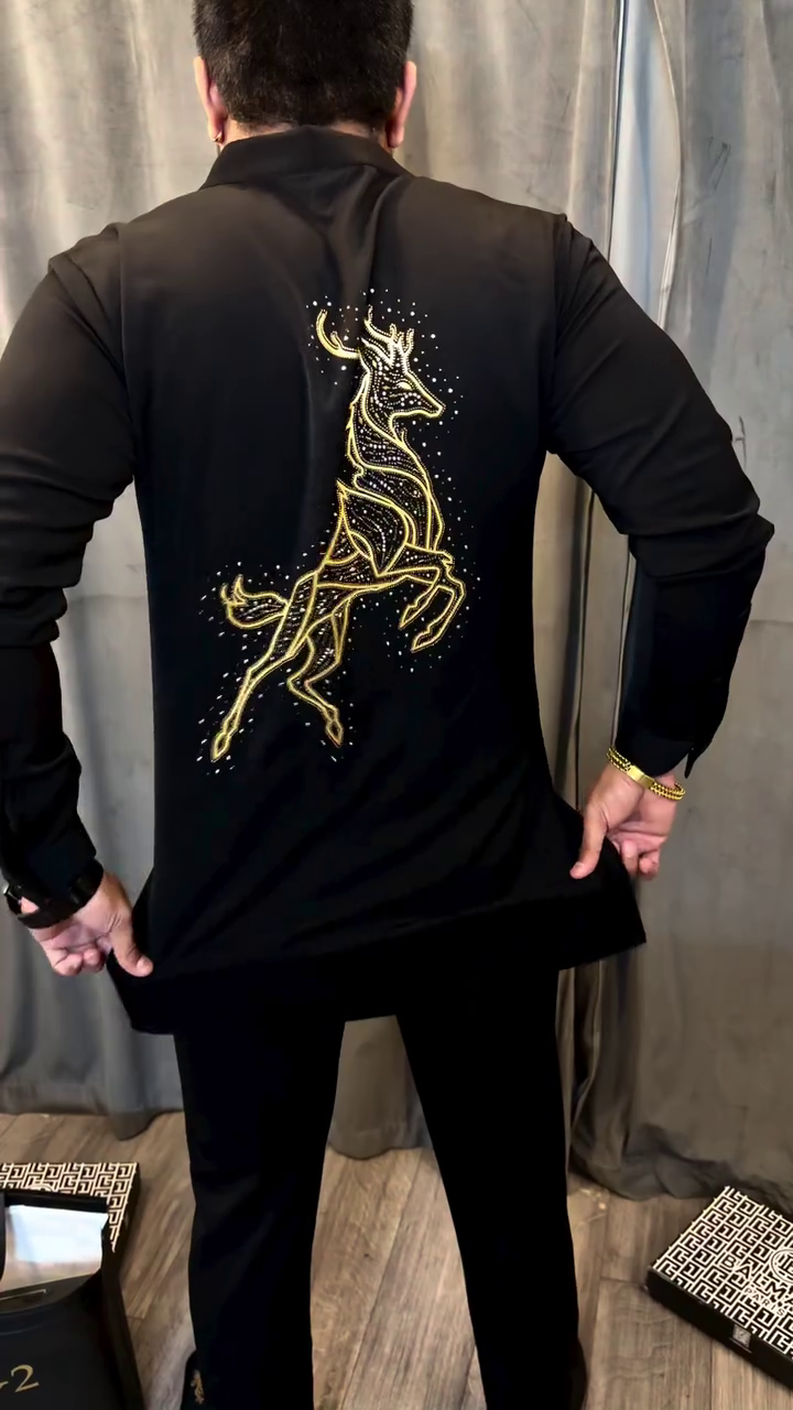 Black Designer Shirt with Gold Stag Embroidery – Luxury Statement Wear for Men