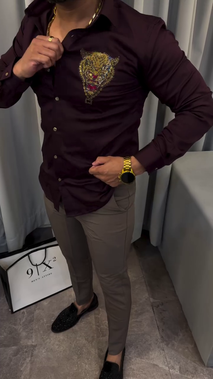 Wine Purple Designer Shirt with Gold Tiger Emblem – Premium Party Wear for Men