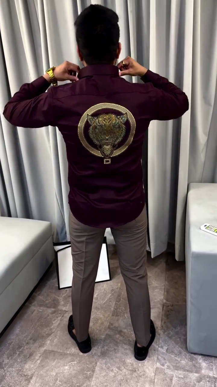 Wine Purple Designer Shirt with Gold Tiger Emblem – Premium Party Wear for Men