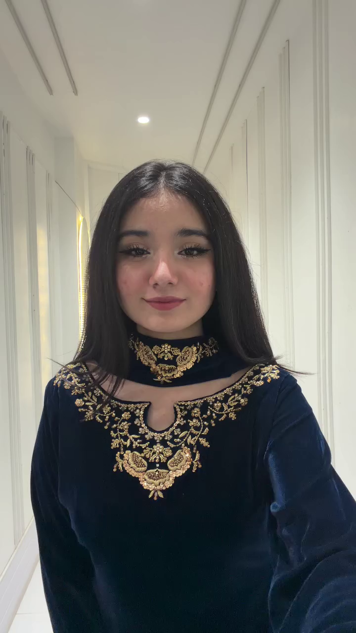 Elegant Navy Blue Embroidered Kurti Dress with Choker Neck – Festive Ethnic Wear