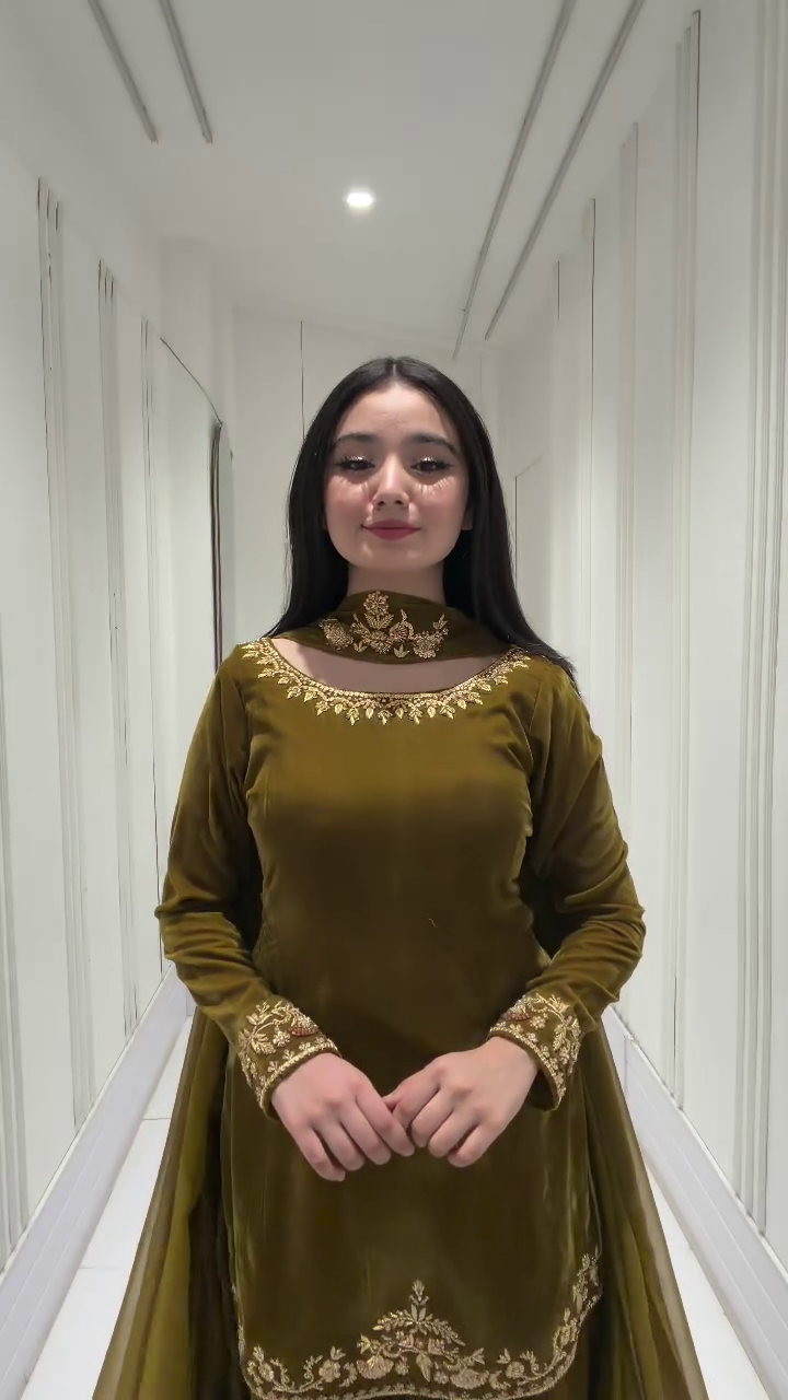 Olive Green Velvet Embroidered Kurti Dress with Choker Neck – Premium Festive Wear
