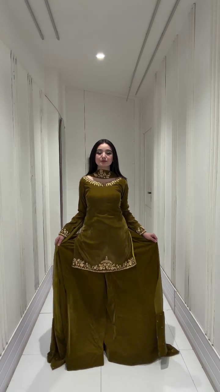 Olive Green Velvet Embroidered Kurti Dress with Choker Neck – Premium Festive Wear