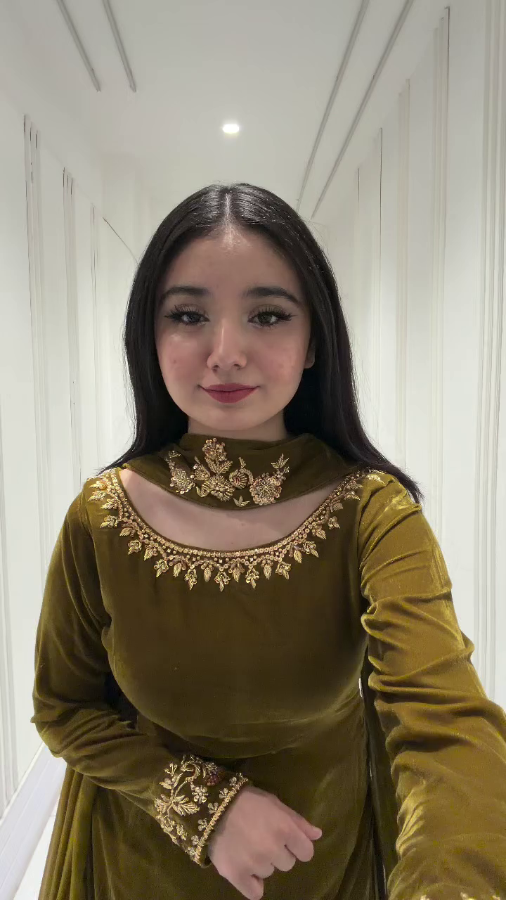 Olive Green Velvet Embroidered Kurti Dress with Choker Neck – Premium Festive Wear