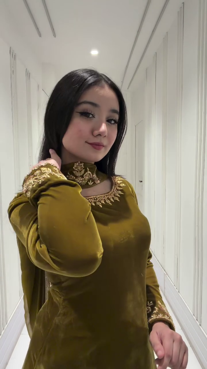 Olive Green Velvet Embroidered Kurti Dress with Choker Neck – Premium Festive Wear