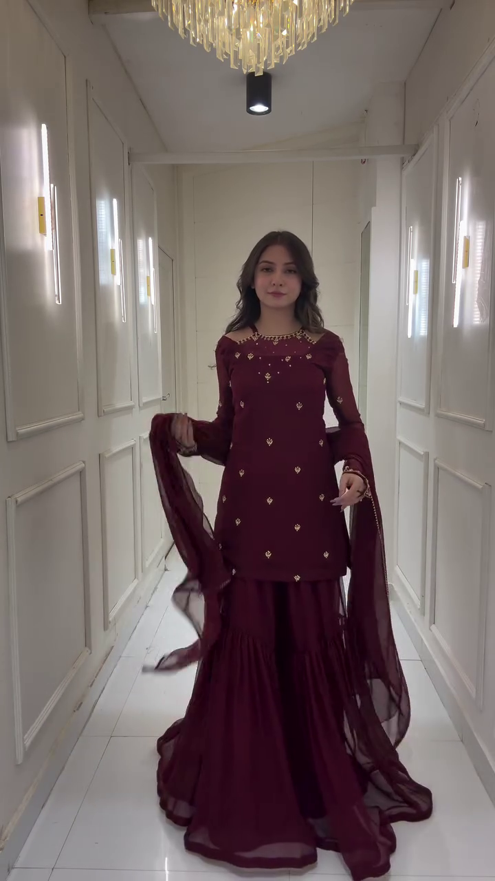 Wine Maroon Embroidered Kurti Set with Dupatta – Elegant Festive Ethnic Wear