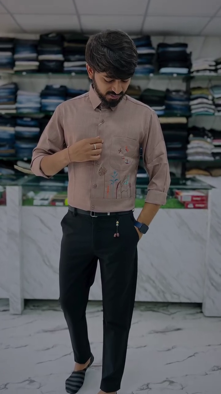 Beige Embroidered Casual Shirt for Men – Premium Smart Casual Wear