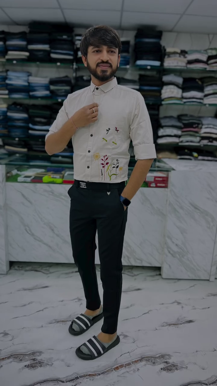 Beige Embroidered Casual Shirt for Men – Premium Smart Casual Wear