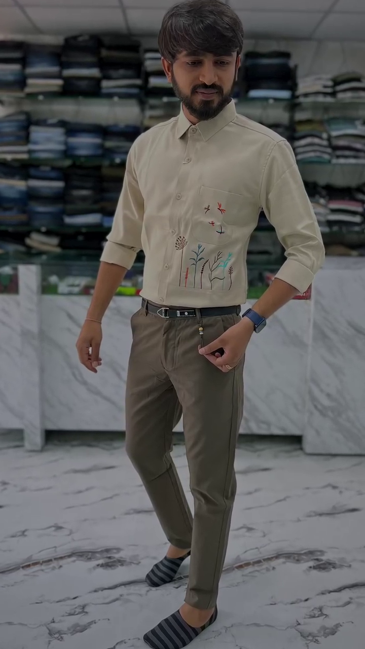 Beige Embroidered Casual Shirt for Men – Premium Smart Casual Wear