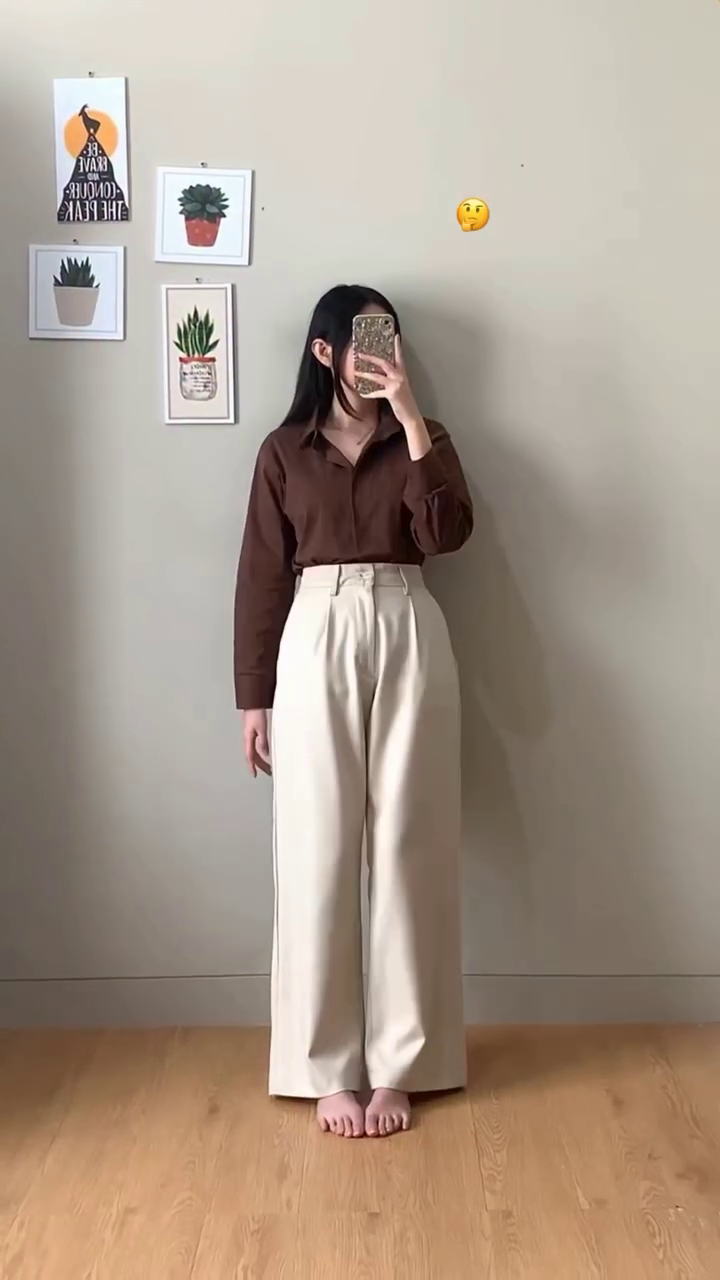 Brown Shirt with White Wide-Leg Trousers – Minimal Korean Office Casual Look for Women