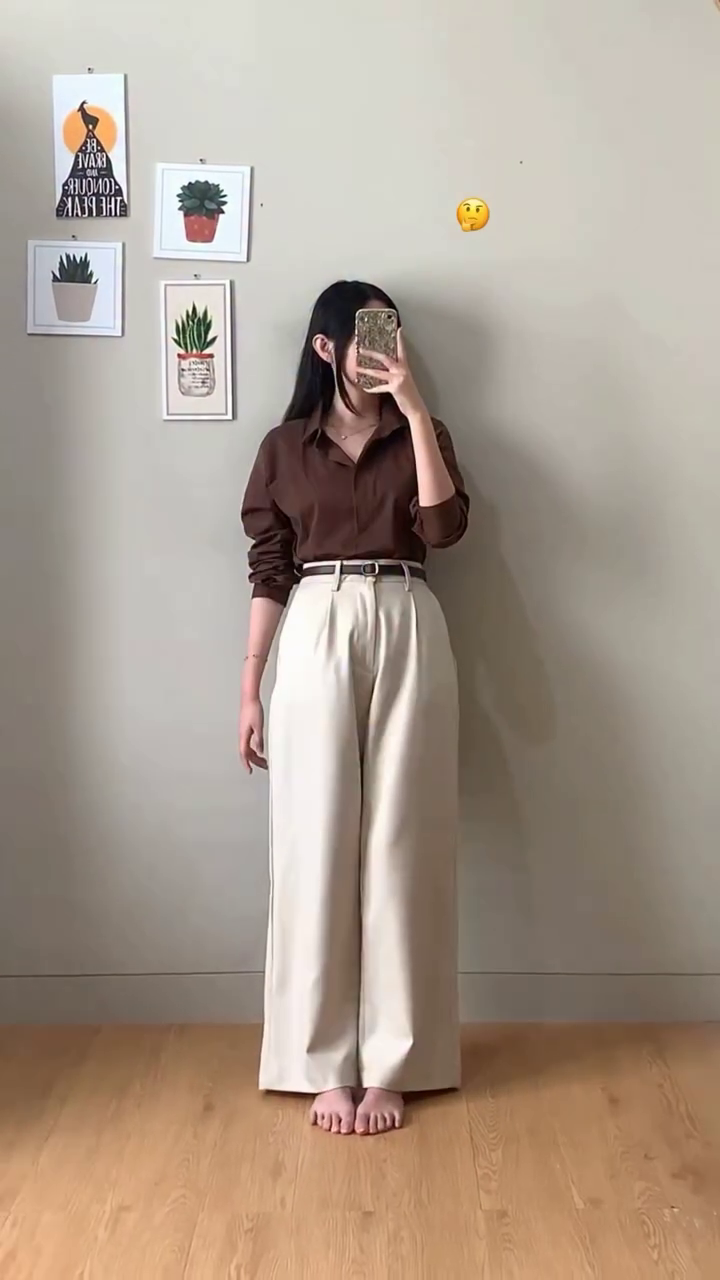 Brown Shirt with White Wide-Leg Trousers – Minimal Korean Office Casual Look for Women