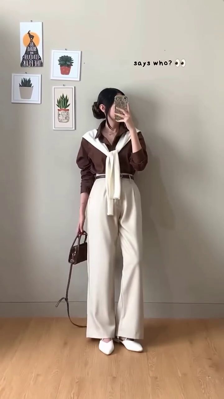 Brown Shirt with White Wide-Leg Trousers – Minimal Korean Office Casual Look for Women