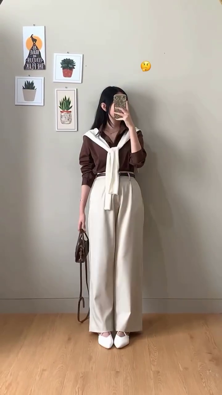 Brown Shirt with White Wide-Leg Trousers – Minimal Korean Office Casual Look for Women