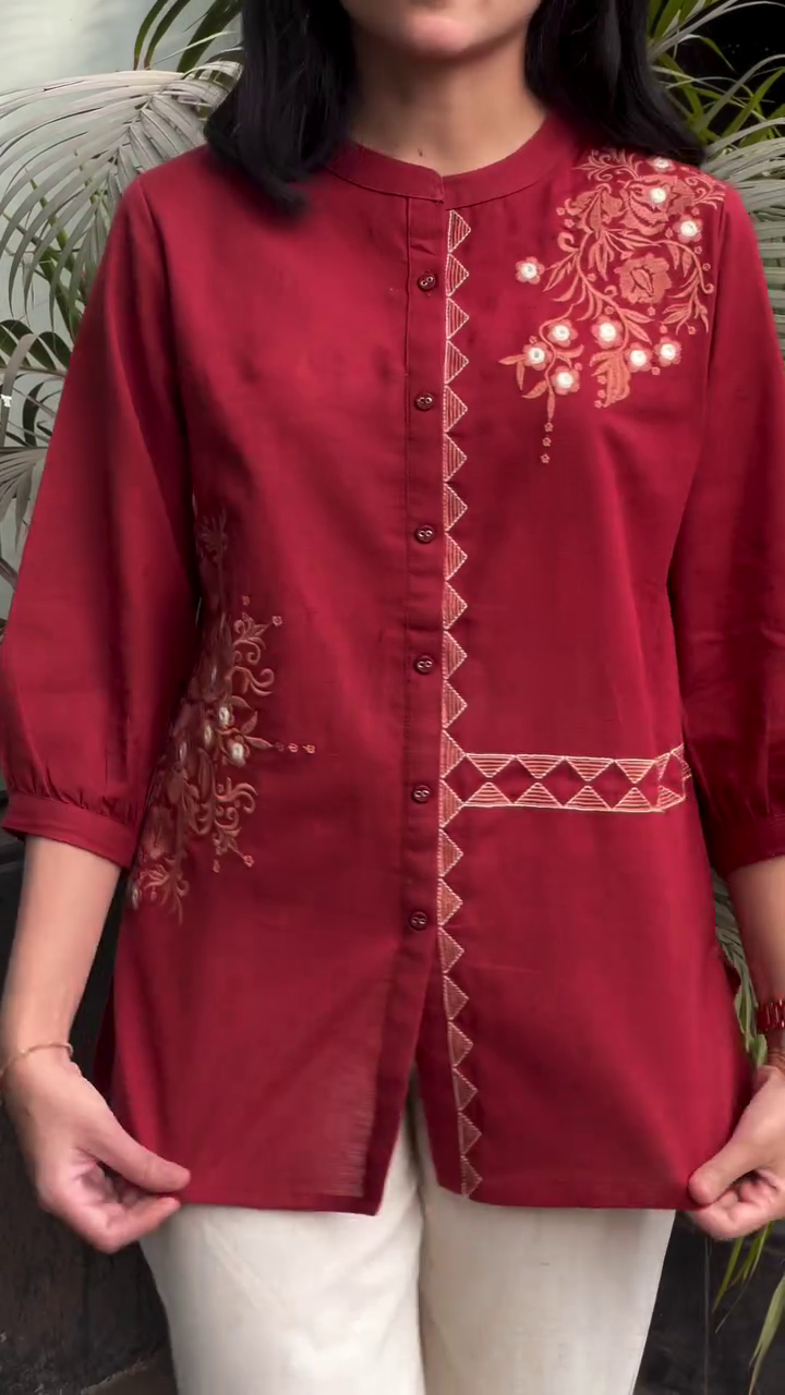 Olive Green Embroidered Button-Down Kurti Top with Floral Detailing – Elegant Everyday Wear