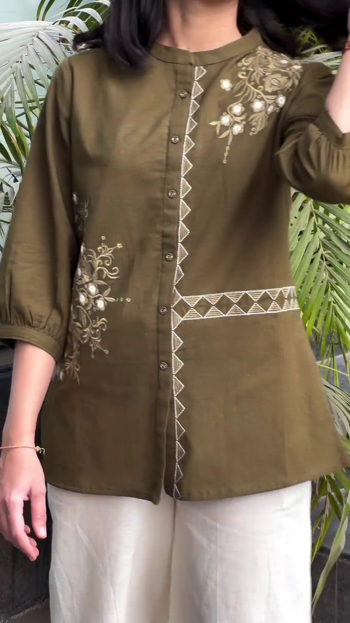 Olive Green Embroidered Button-Down Kurti Top with Floral Detailing – Elegant Everyday Wear