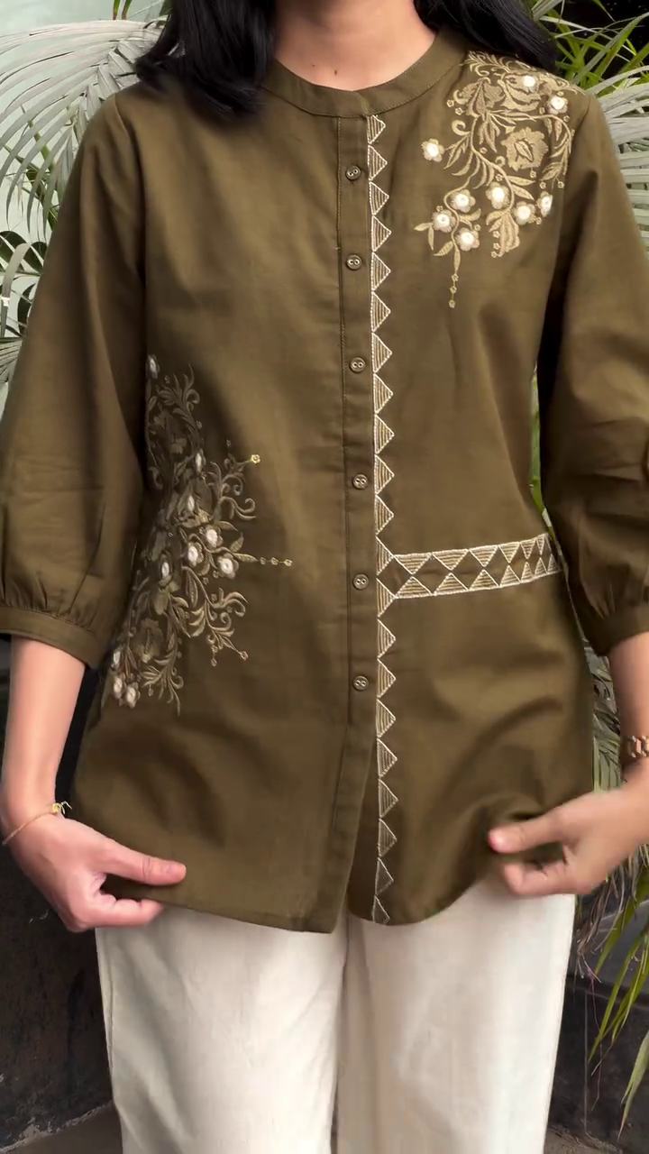 Olive Green Embroidered Button-Down Kurti Top with Floral Detailing – Elegant Everyday Wear