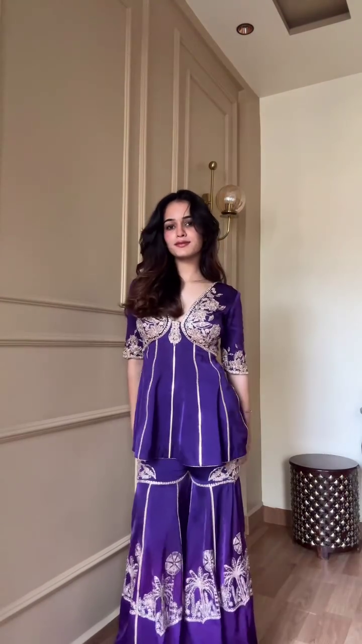 Royal Purple Embroidered Short Kurti with Deep V-Neck – Festive & Party Wear