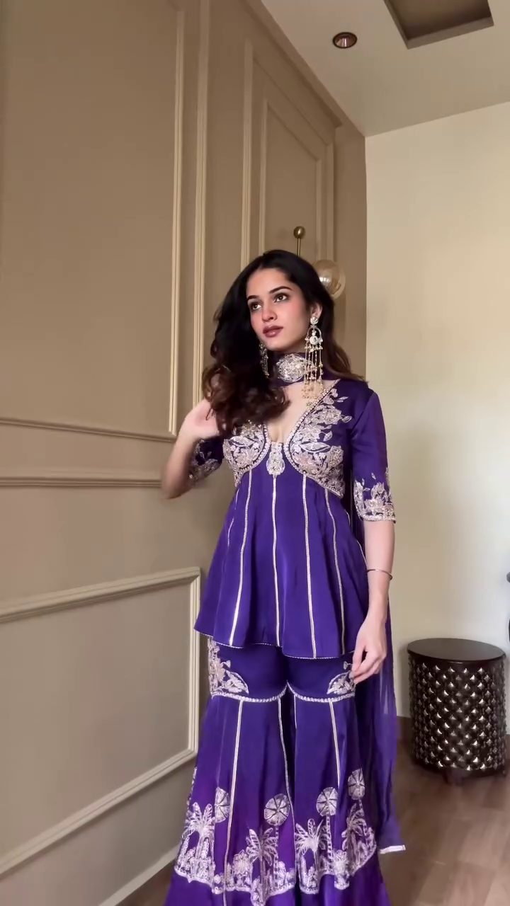 Royal Purple Embroidered Short Kurti with Deep V-Neck – Festive & Party Wear