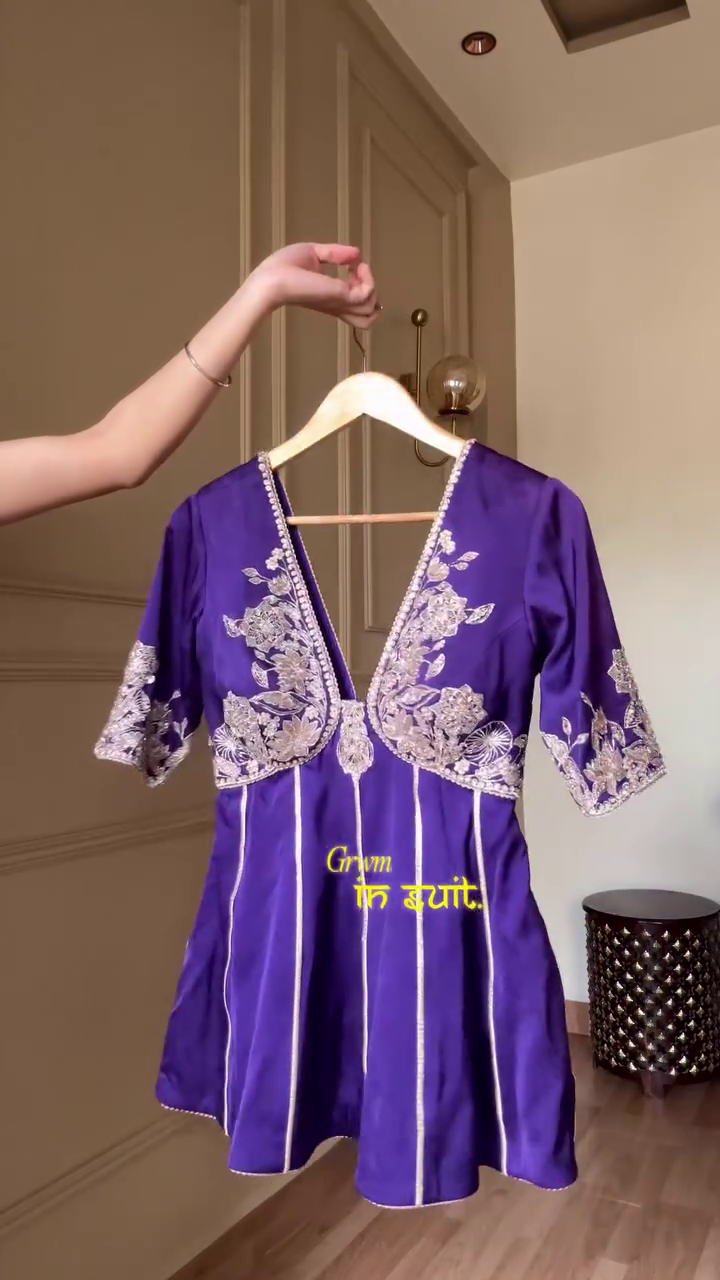 Royal Purple Embroidered Short Kurti with Deep V-Neck – Festive & Party Wear
