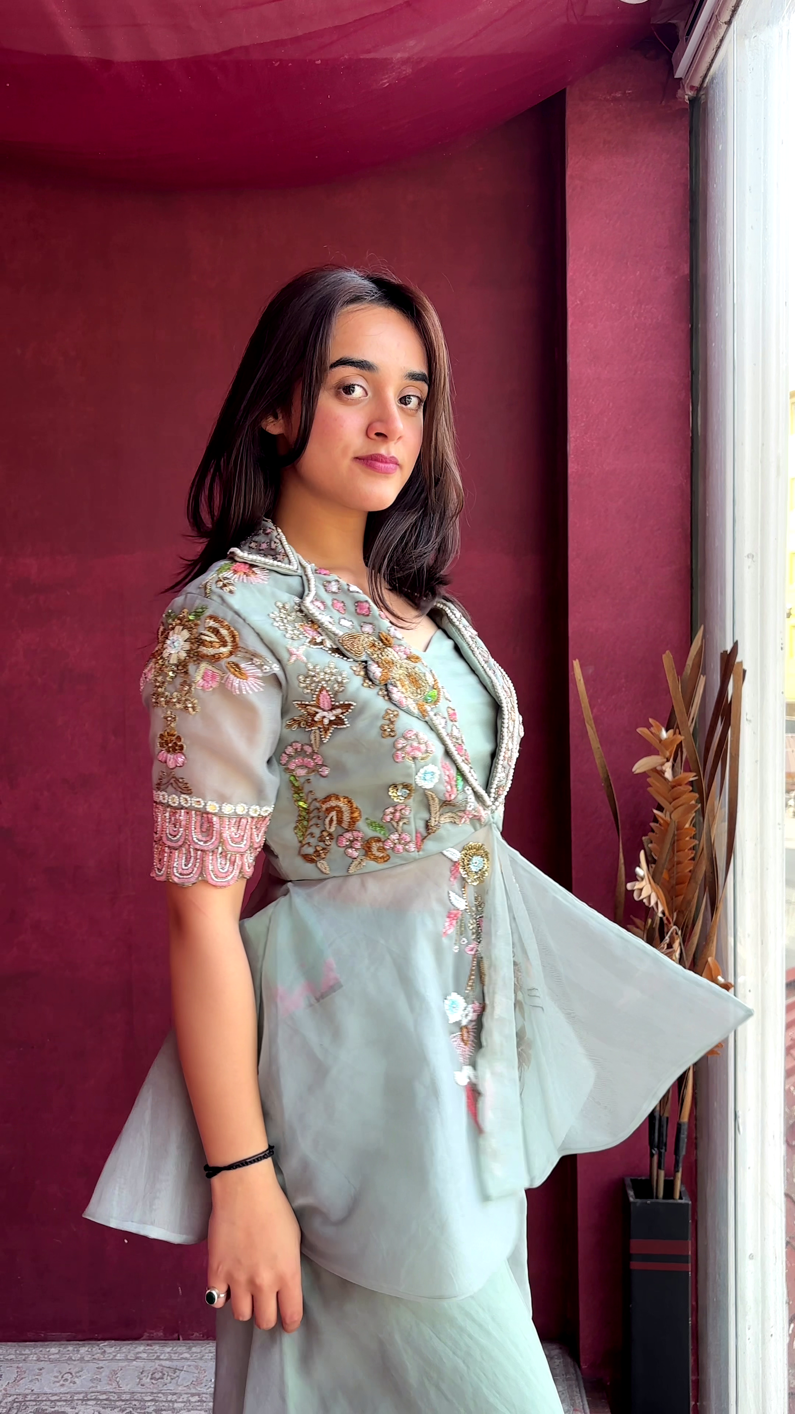 Mint Green Hand-Embroidered Jacket Style Dress with Pearl & Floral Detailing – Luxury Festive Wear