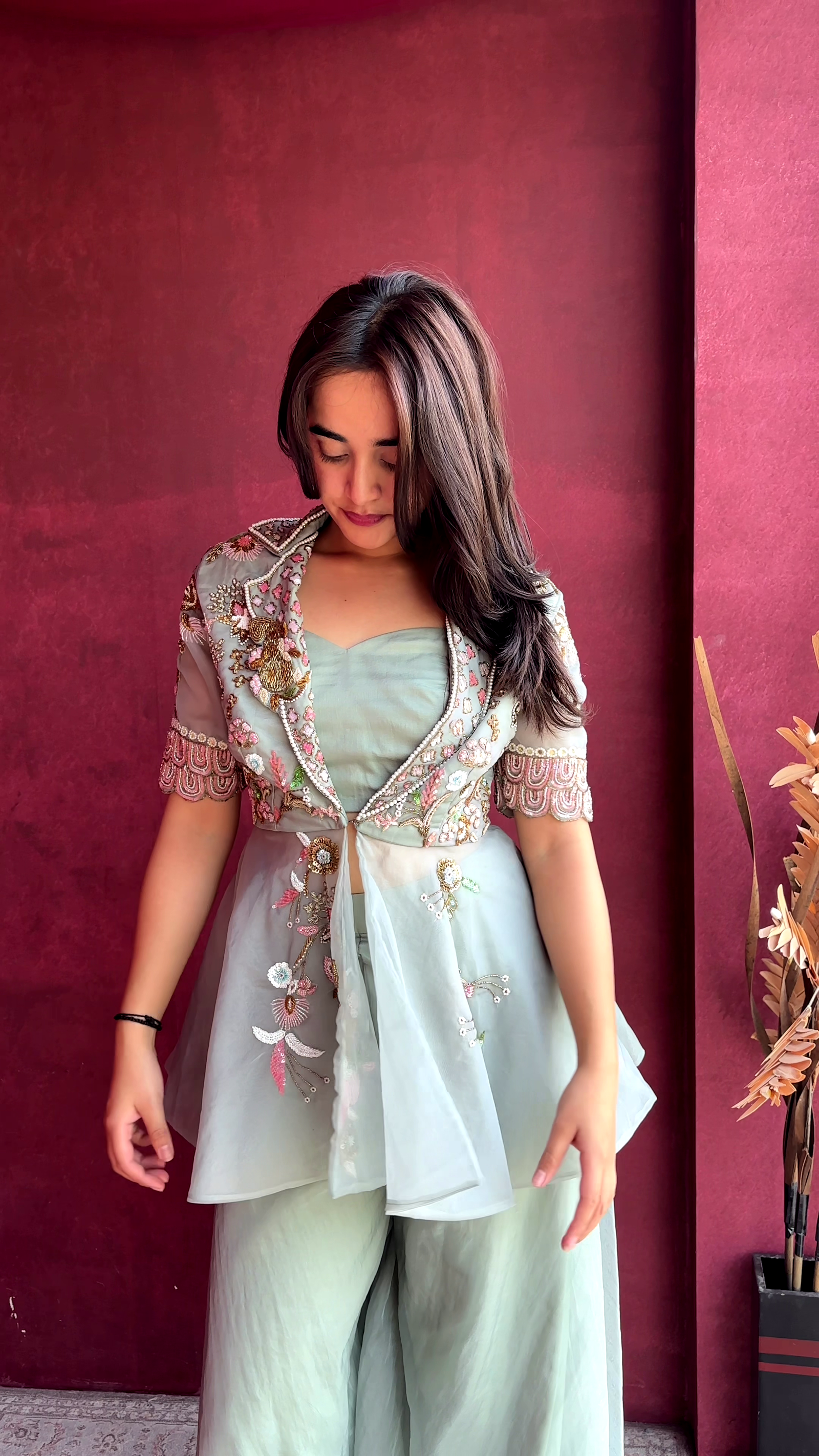 Mint Green Hand-Embroidered Jacket Style Dress with Pearl & Floral Detailing – Luxury Festive Wear