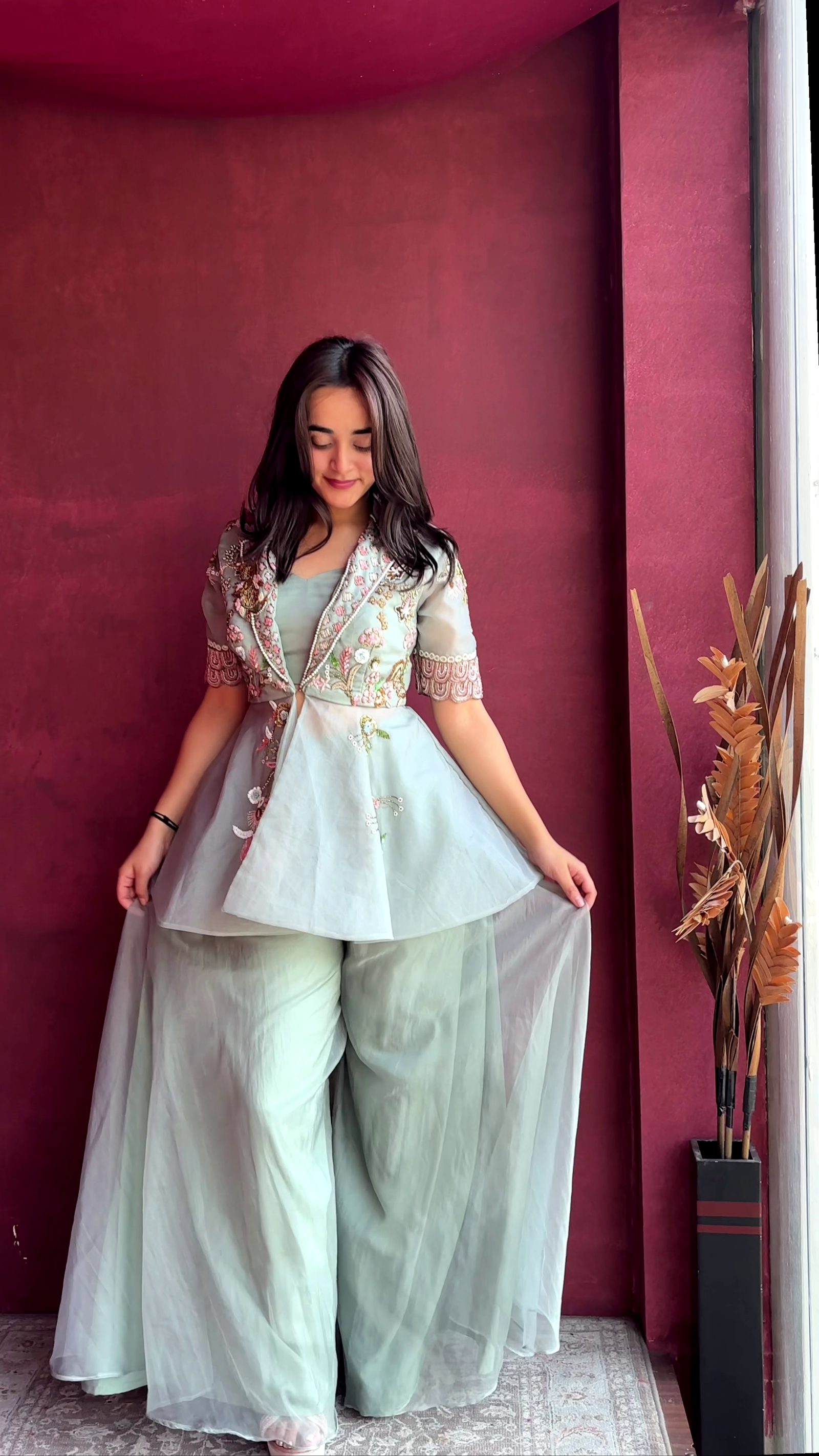 Mint Green Hand-Embroidered Jacket Style Dress with Pearl & Floral Detailing – Luxury Festive Wear