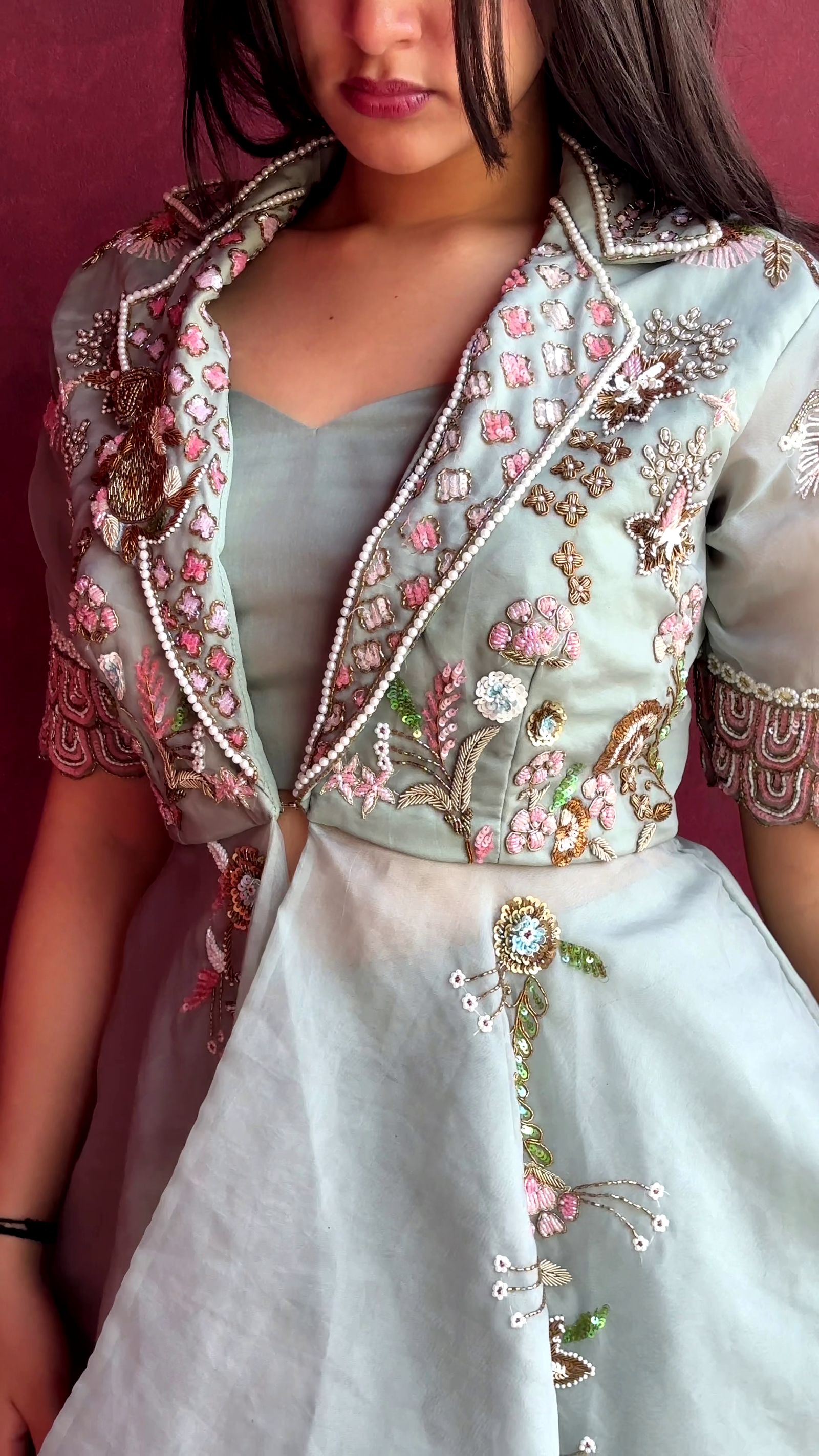 Mint Green Hand-Embroidered Jacket Style Dress with Pearl & Floral Detailing – Luxury Festive Wear