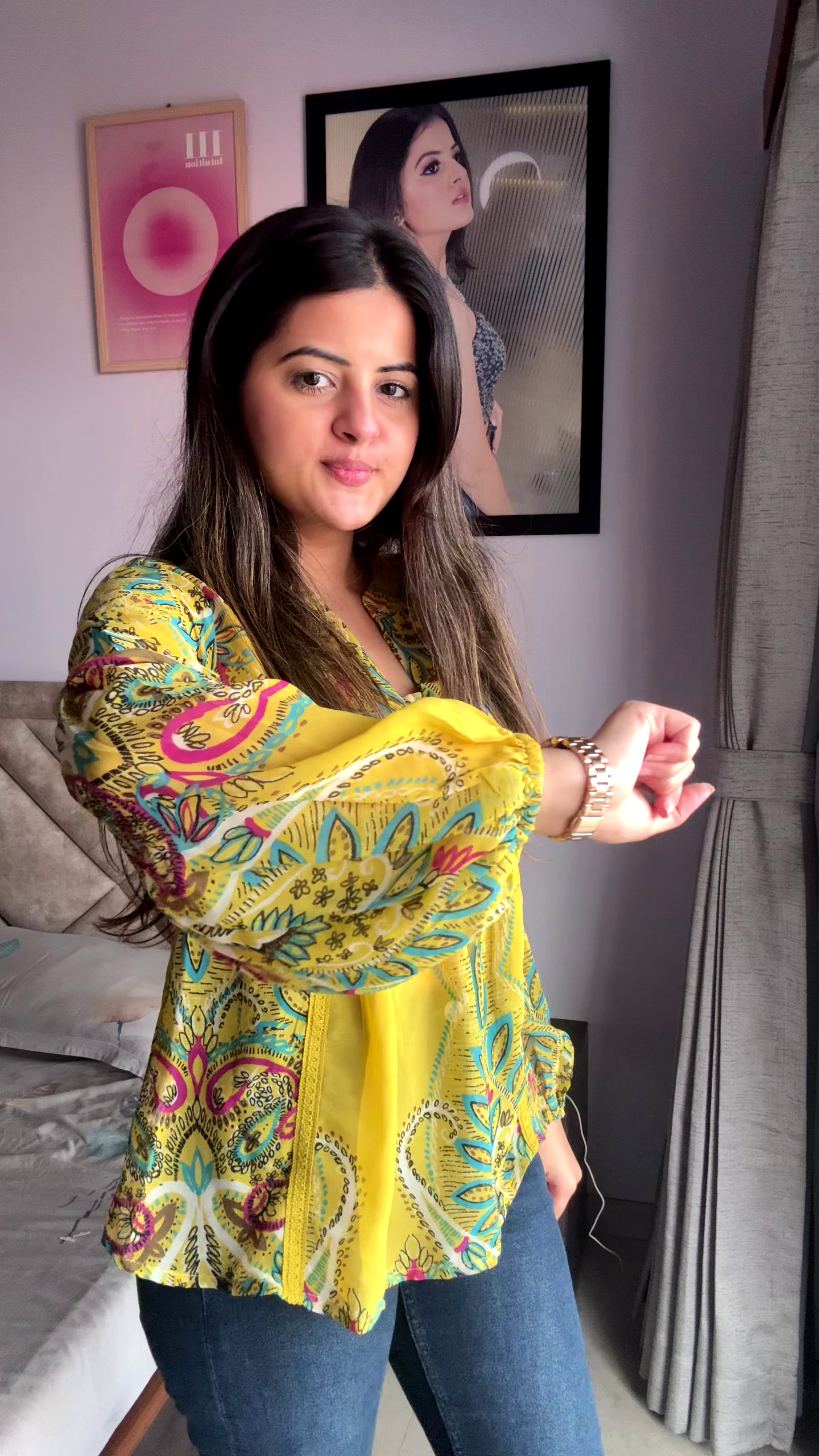 Yellow Printed Peplum Top with Flared Sleeves – Boho Casual Everyday Wear