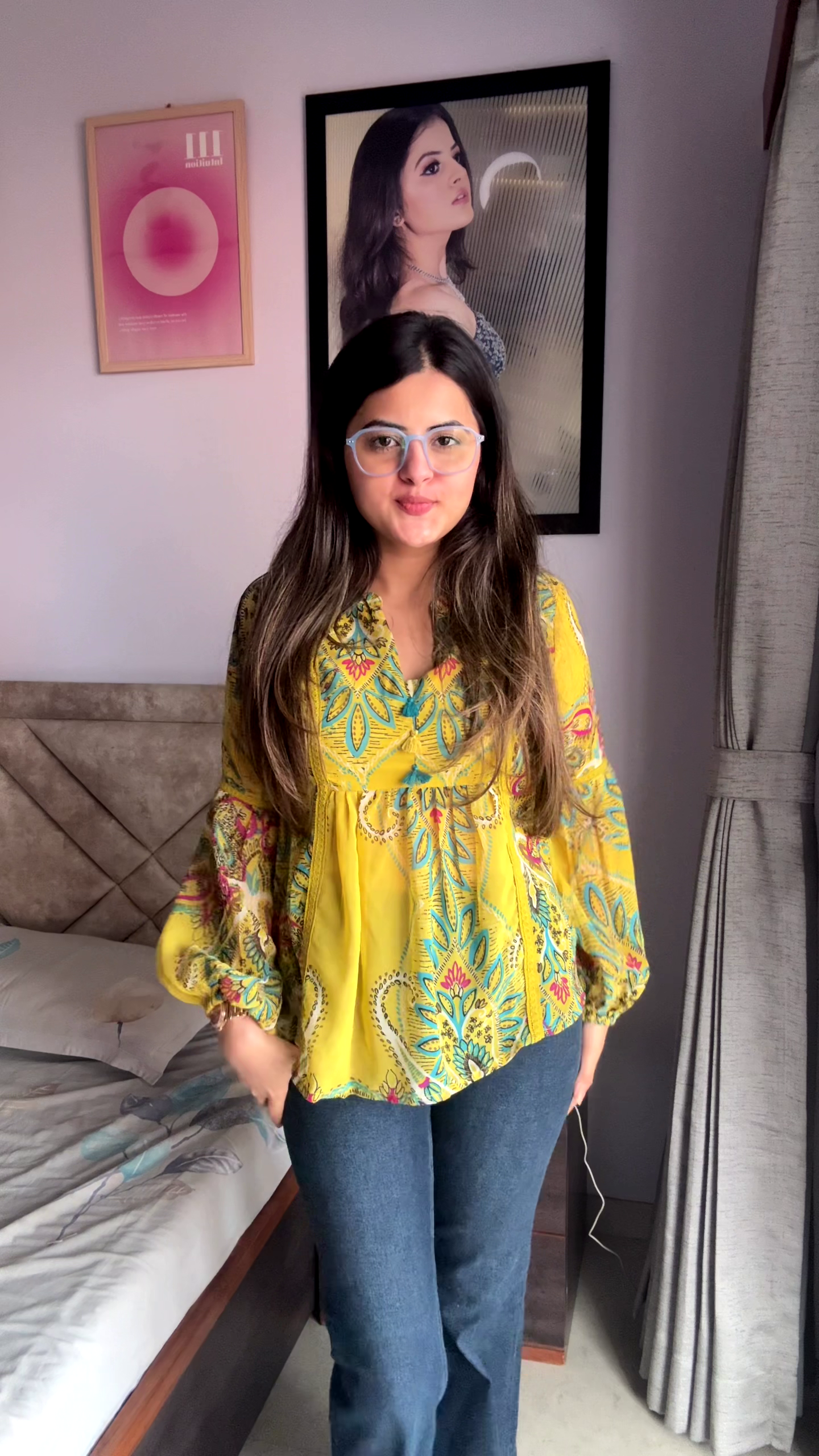 Yellow Printed Peplum Top with Flared Sleeves – Boho Casual Everyday Wear