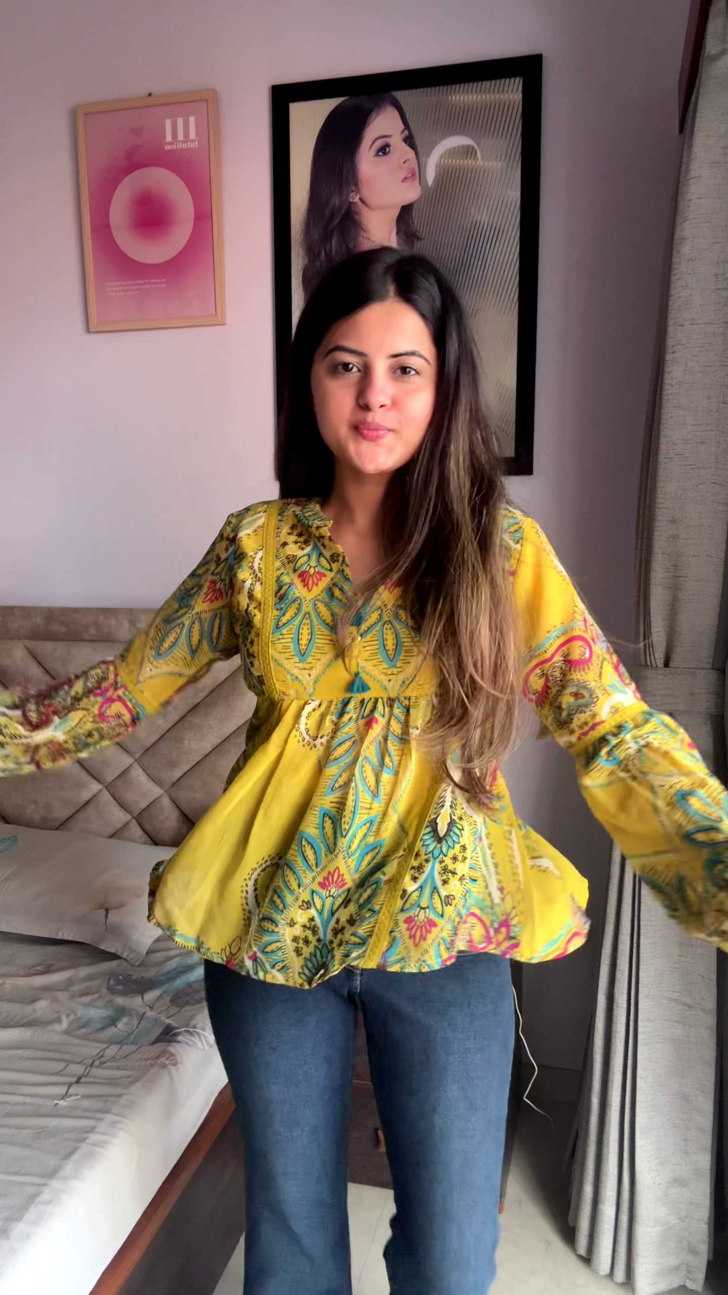 Yellow Printed Peplum Top with Flared Sleeves – Boho Casual Everyday Wear