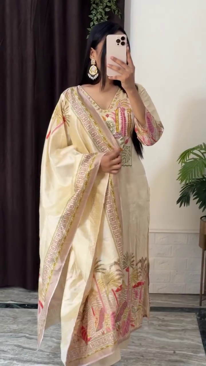 Ivory Printed Kurta Set with Matching Dupatta – Elegant Festive & Occasion Wear