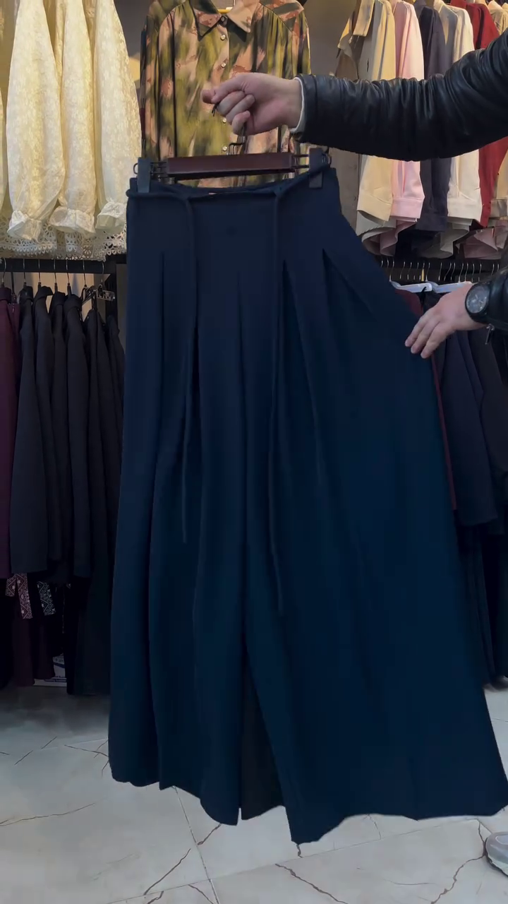 Midnight Blue Pleated Wide-Leg Pants