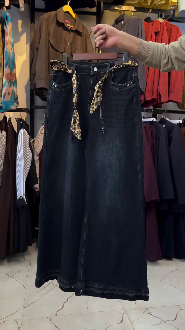 High-Waist A-Line Denim Maxi Skirt with Leopard Tie