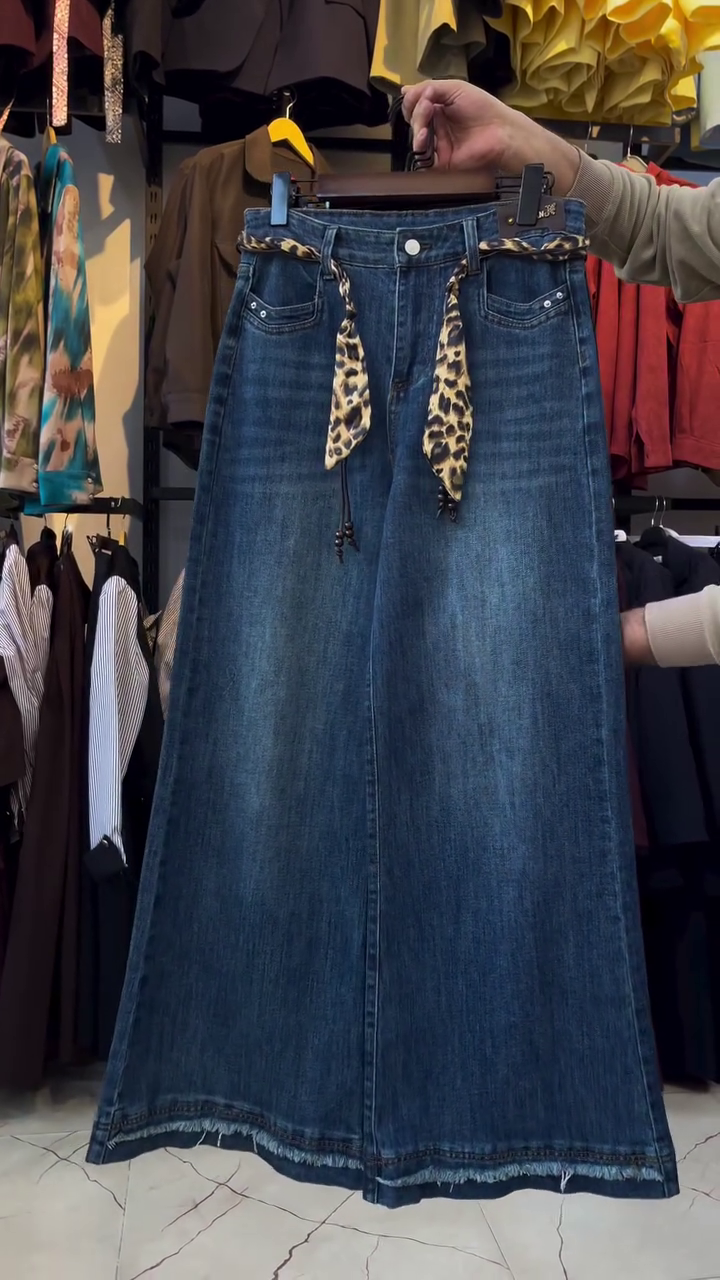 High-Waist A-Line Denim Maxi Skirt with Leopard Tie