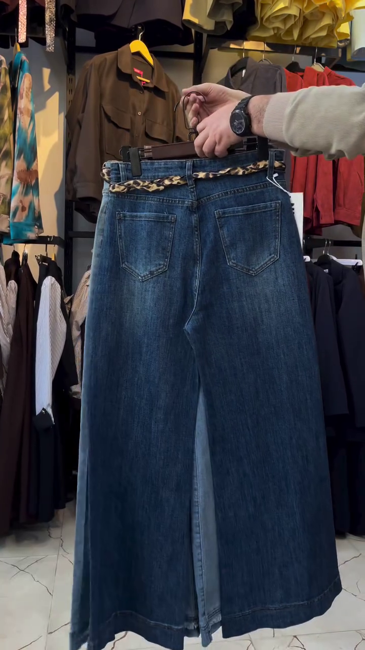 High-Waist A-Line Denim Maxi Skirt with Leopard Tie