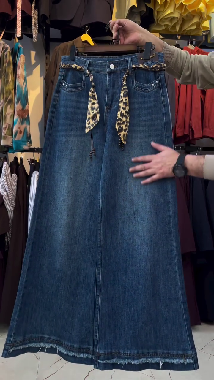 High-Waist A-Line Denim Maxi Skirt with Leopard Tie