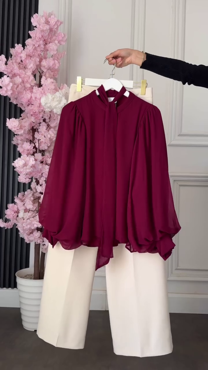 Wine Chiffon Tie-Neck TOP