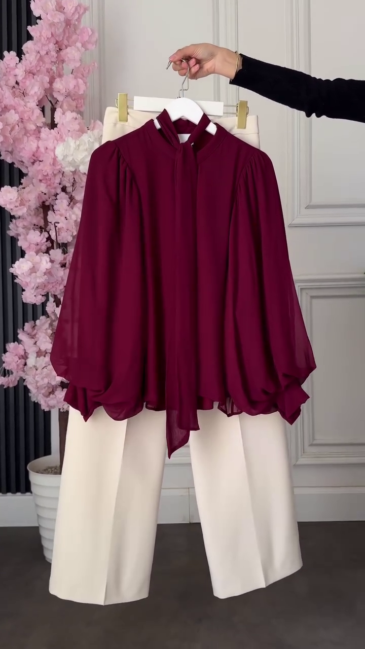 Wine Chiffon Tie-Neck TOP