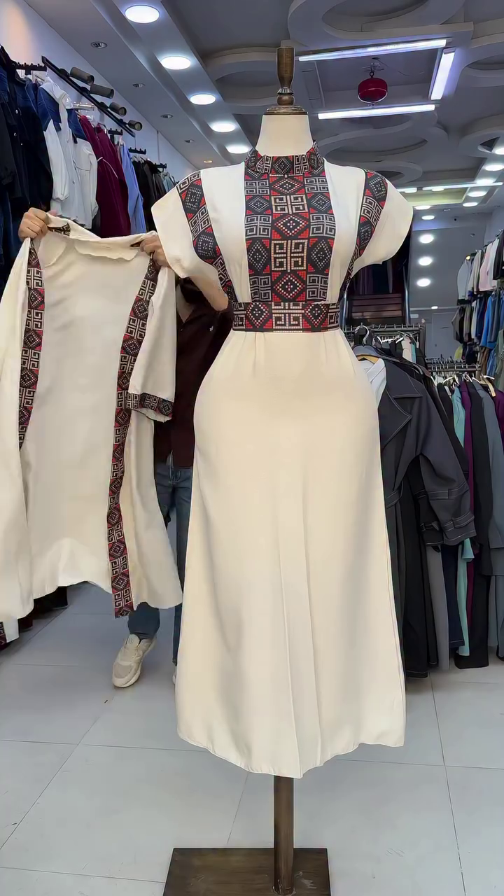 Beige Open Abaya with Geometric Tribal Panel