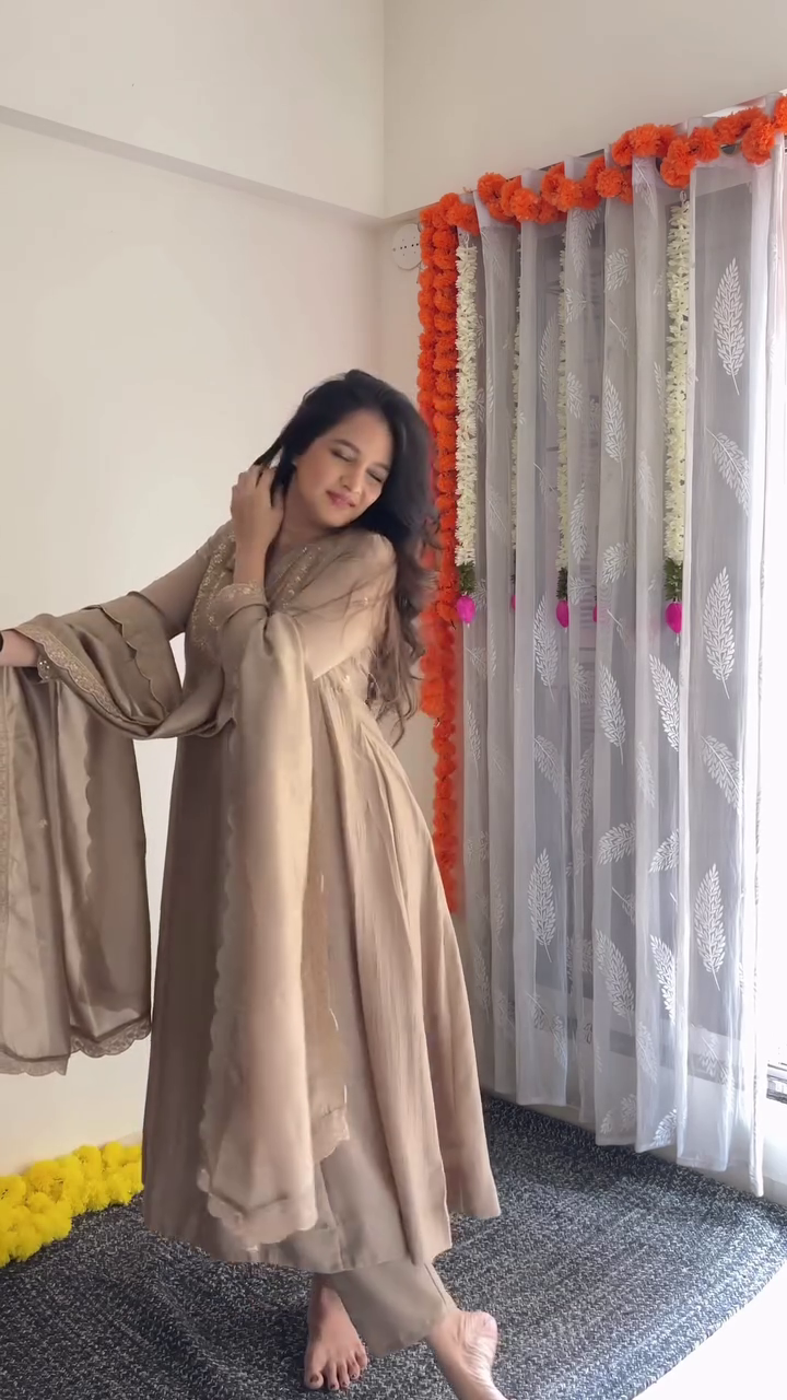 Beige Embroidered Anarkali Suit Set