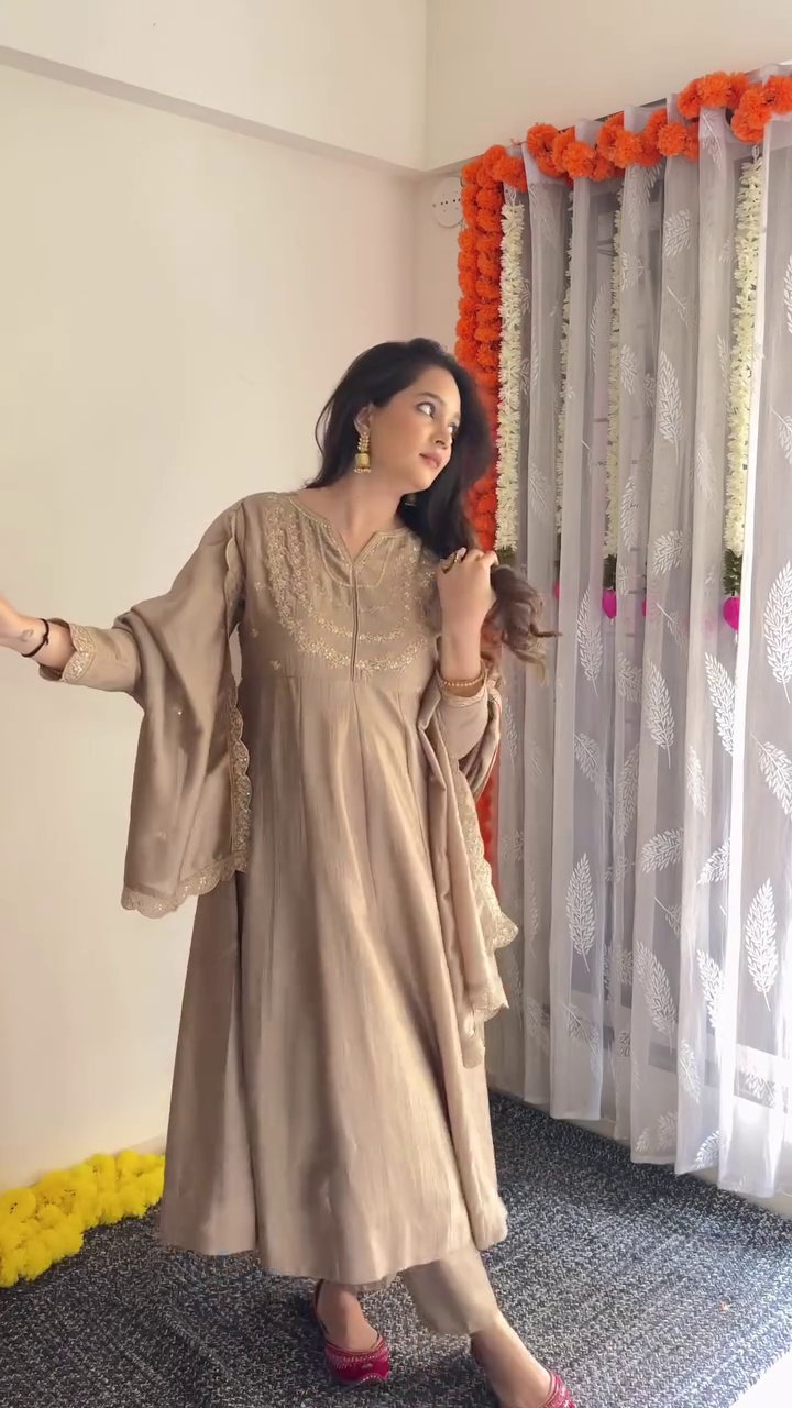Beige Embroidered Anarkali Suit Set