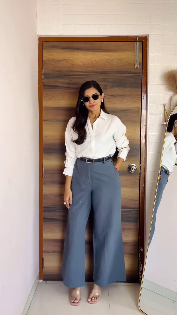 Classic White Shirt & Slate Blue Wide-Leg Trousers