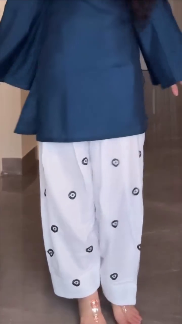 Slate Blue Peplum Top with Printed Palazzos