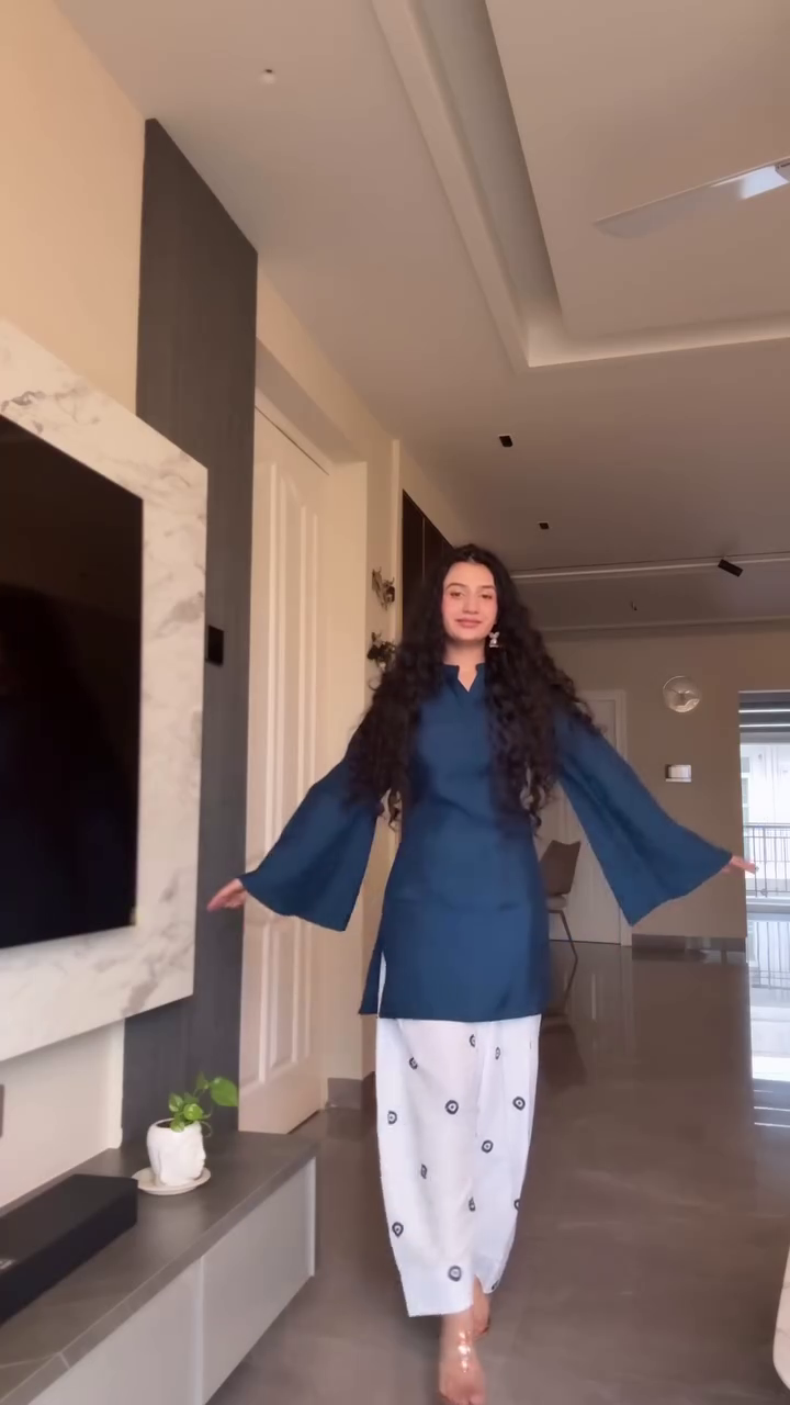 Slate Blue Peplum Top with Printed Palazzos