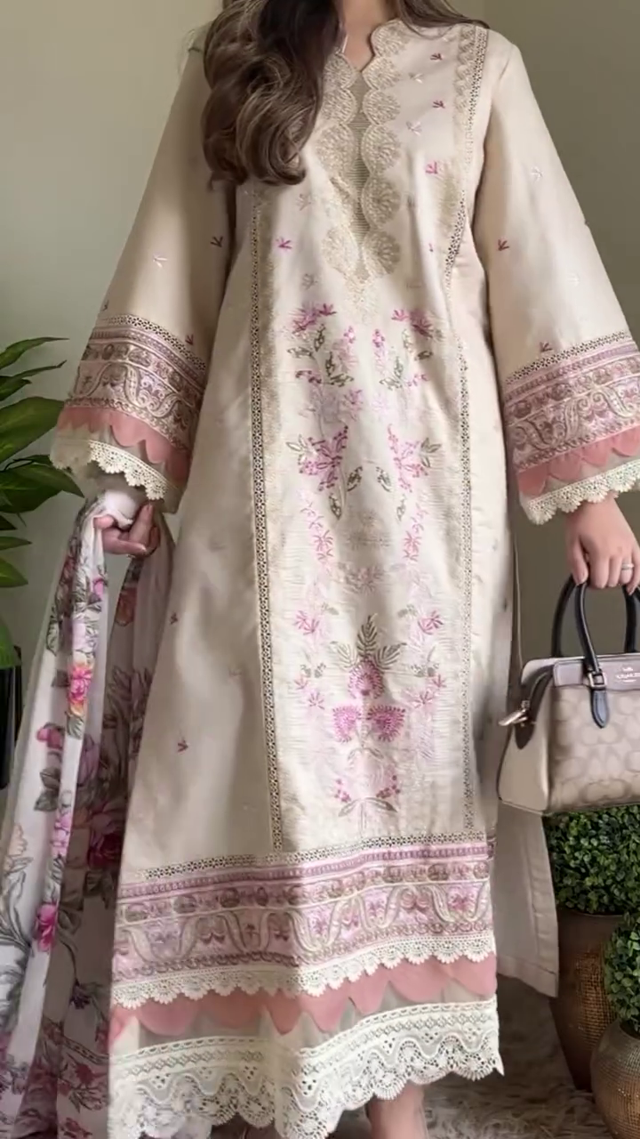 Beige Floral Embroidered Festive Kurta Set with Dupatta