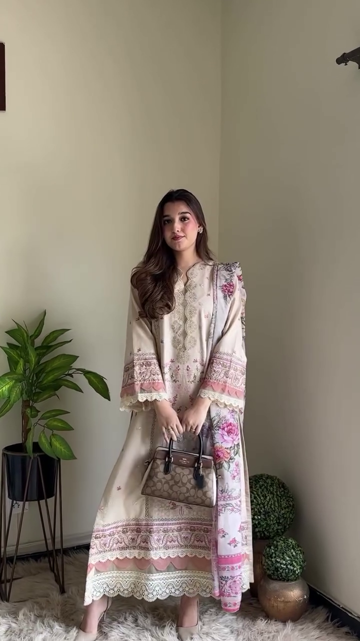 Beige Floral Embroidered Festive Kurta Set with Dupatta