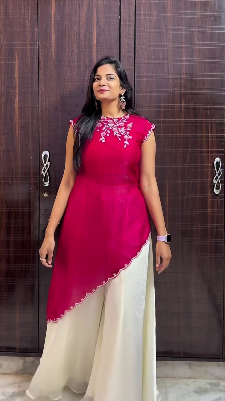 Rani Pink Embroidered Asymmetrical Kurta with White Palazzo