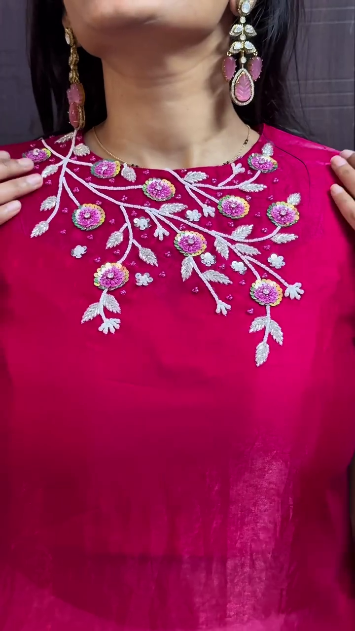 Rani Pink Embroidered Asymmetrical Kurta with White Palazzo